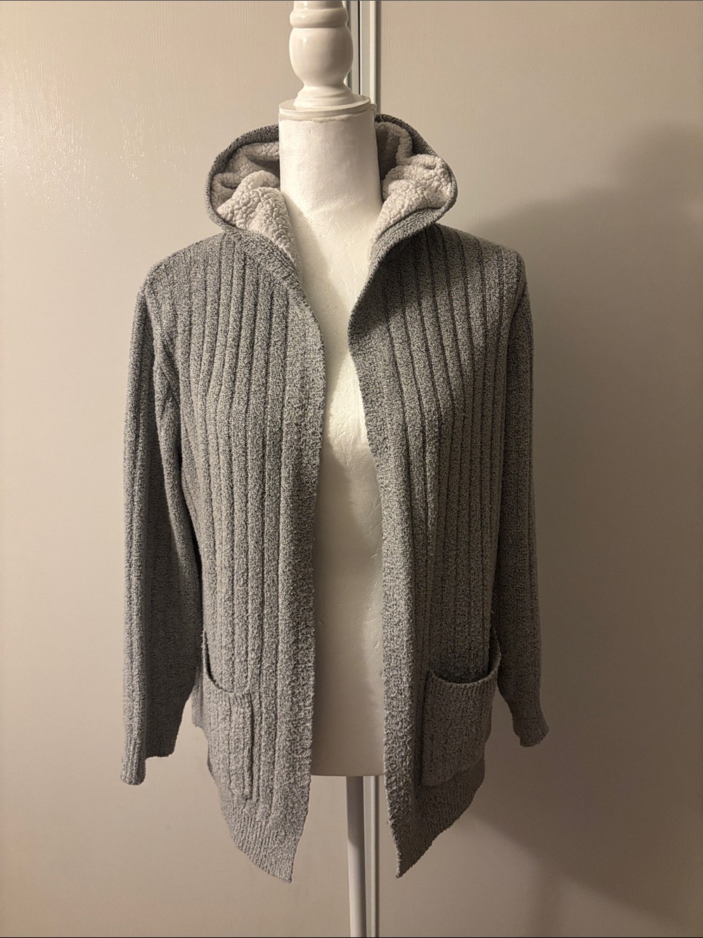 Almost Famous Gray Hooded Ribbed Open Cardigan